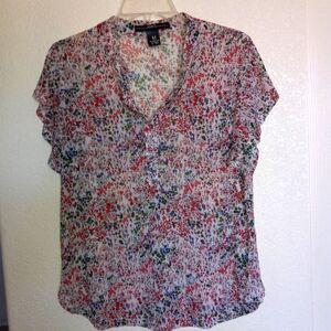 AMANG NY  sheer colorful blouse Blues Reds greens M ruffle sleeve v-neck floral